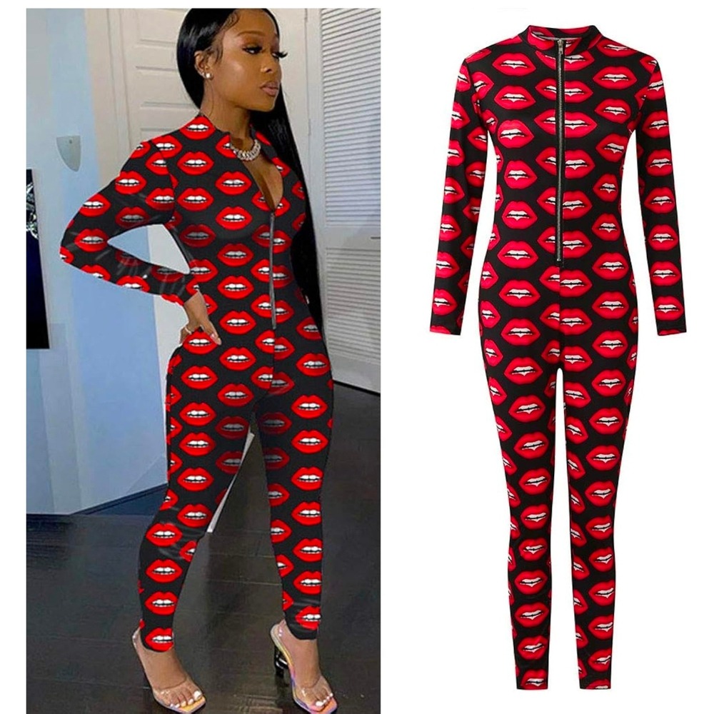 Jumpsuit Womens Small Red Black Lips Print Excellent Zip Front Mock Neck Catsuit